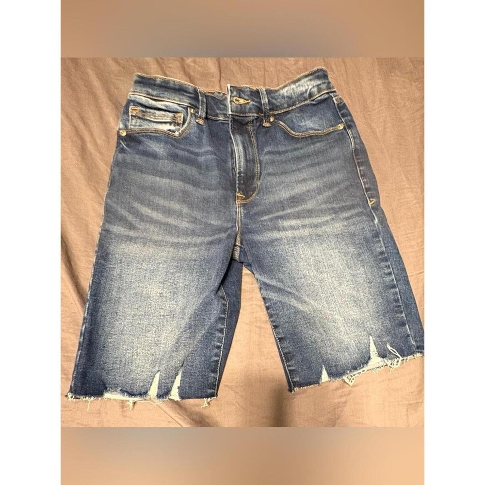 Good American Dark Indigo Distressed Denim Bermuda Shorts